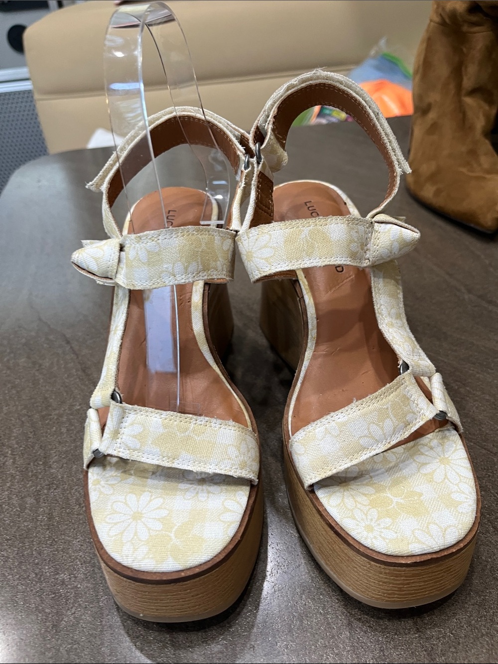 Lucky Brand Cream Floral Platform Wedge Sandals